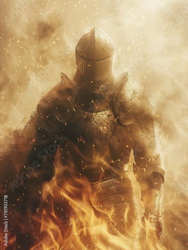 A valiant knight in shimmering armor standing amid gentle flames, with a softfocus mystical sky photo