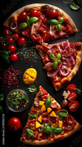 Three slices of pizza with various toppings, including pepperoni, ham © Wonderful Studio
