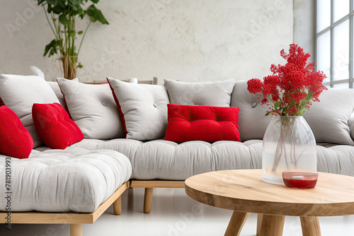 Round wooden coffee table near grey sofa with bright vibrant red pillows against stucco wall. Loft, scandinavian interior design of modern living room, home. © Vadim Andrushchenko