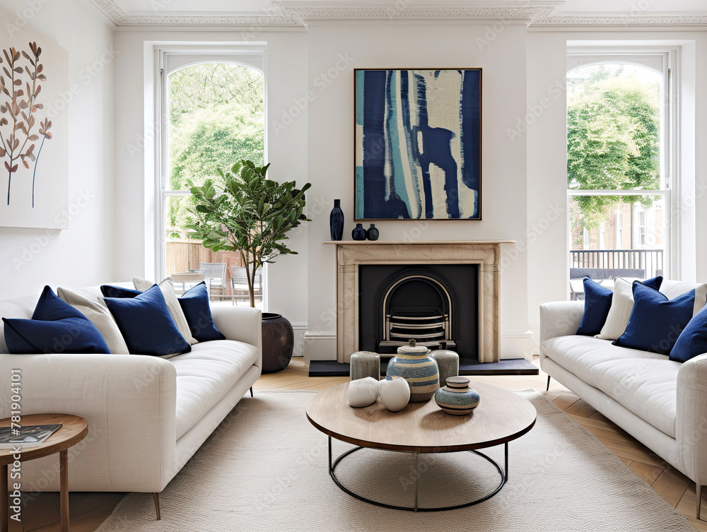 Fototapeta premium Art deco interior design of modern living room, home with fireplace.