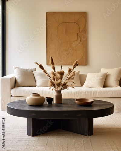 Japandi interior design of modern living room, home.