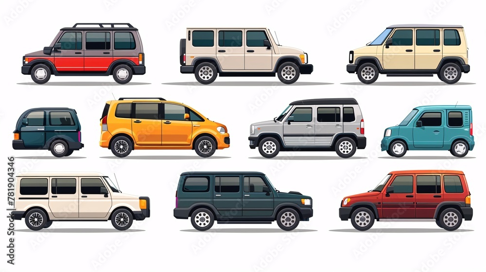 New passenger vehicles in various sizes and styles for both personal and business use, represented by isolated icons on a white background.