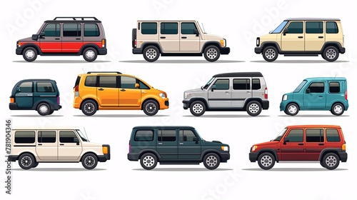 New passenger vehicles in various sizes and styles for both personal and business use  represented by isolated icons on a white background.