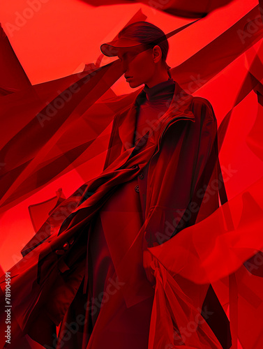 Scarlet Elegance Red-Hot Runway Model Dazzles in Fashionable Fabrics and Textures photo