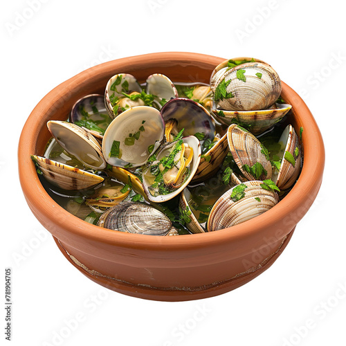 front view of Ameijoas à Bulhão Pato with Portuguese garlic clam dish, featuring fresh clams cooked with garlic, coriander, and white wine
 photo