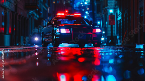 The sharp contrast of red and blue lights from a police car piercing the urban night highlighting a moment of vigilance