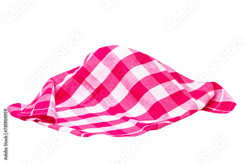 Closeup of a red and white checkered napkin or tablecloth texture isolated on white background. Kitchen accessories. Top view.