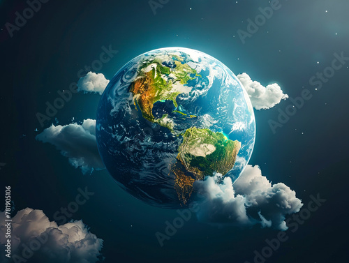 Hyper-realistic 3D globe view Earth from space with desaturated tones and detailed clouds and land