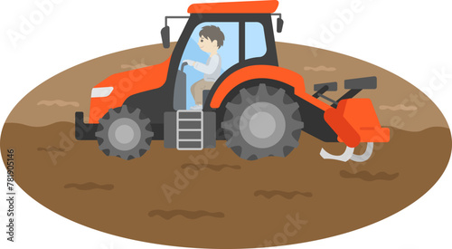 耕す、トラクターを操縦する男性のイラスト