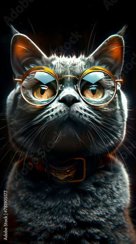 Stylish Scottish Feline Close-Up Portrait of a Gray Cat Wearing Stunning Glasses in Photorealistic Detail