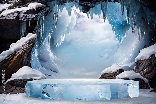 Product packaging mockup photo of winter scene and Natural podium background, Ice podium on the ice mountain cave for product display, advertising, mockup, studio advertising photoshoot