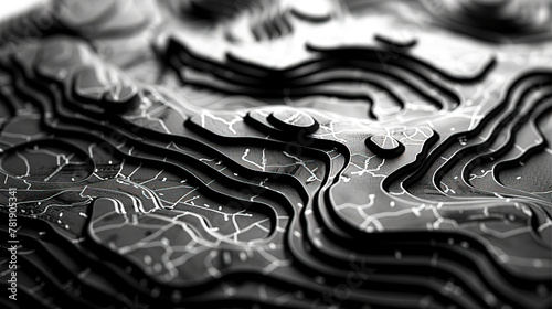 Monochrome Cartographic Design Intricate Map Lines and Patterns on a Black Background photo