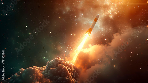 Skyward Bound Capturing the Epic Moment of a Space Rocket Launch Ignition Amidst Dramatic Clouds and Stunning Landscape