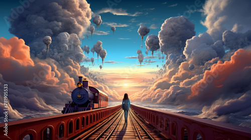 woman walking along a track through clouds, surreal dream scene