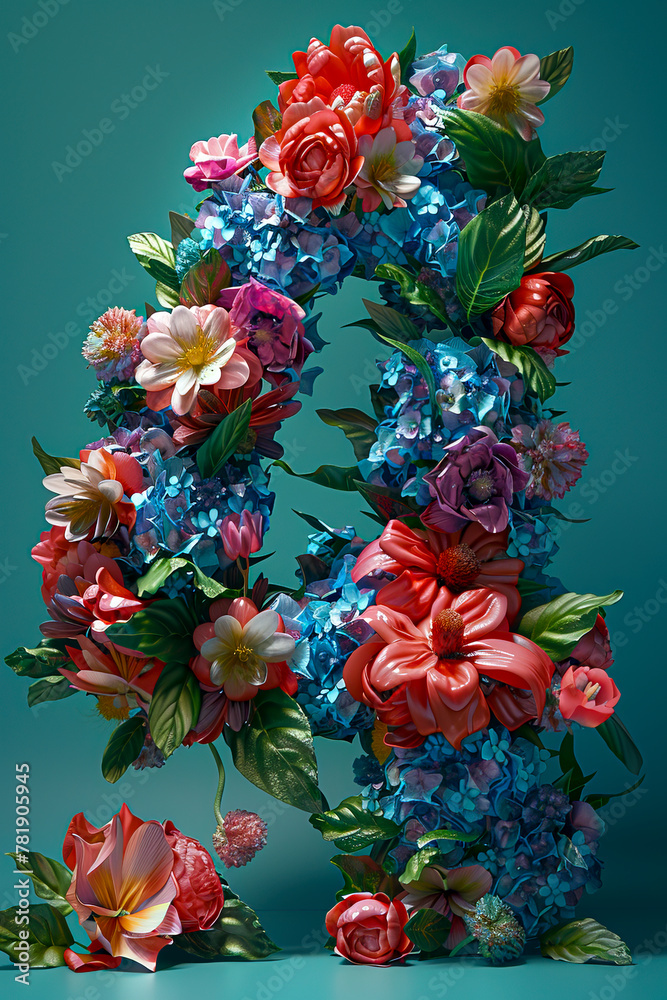 Floral Fusion Cosmic 4 in 3D on Blue-Green Background - A Minimalist Futuristic Photorealistic Masterpiece with Volumetric Light