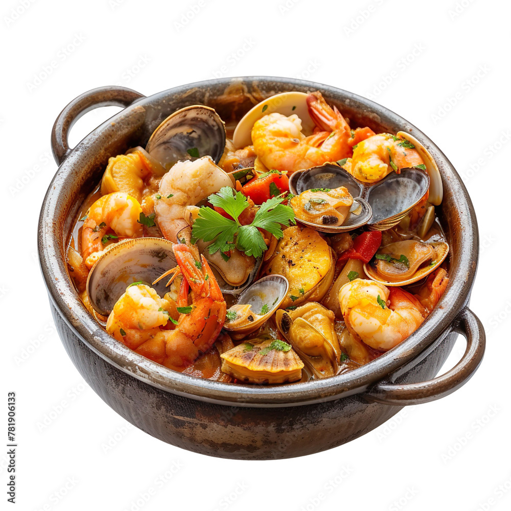 front view of Cataplana de Marisco with Portuguese seafood cataplana, featuring a variety of shellfish, fish, and vegetables, isolated on a white transparent background front view of Cataplana de Marisco with Portuguese seafood cataplana, featuring a variety of shellfish, fish, and vegetables, isolated on a white transparent background