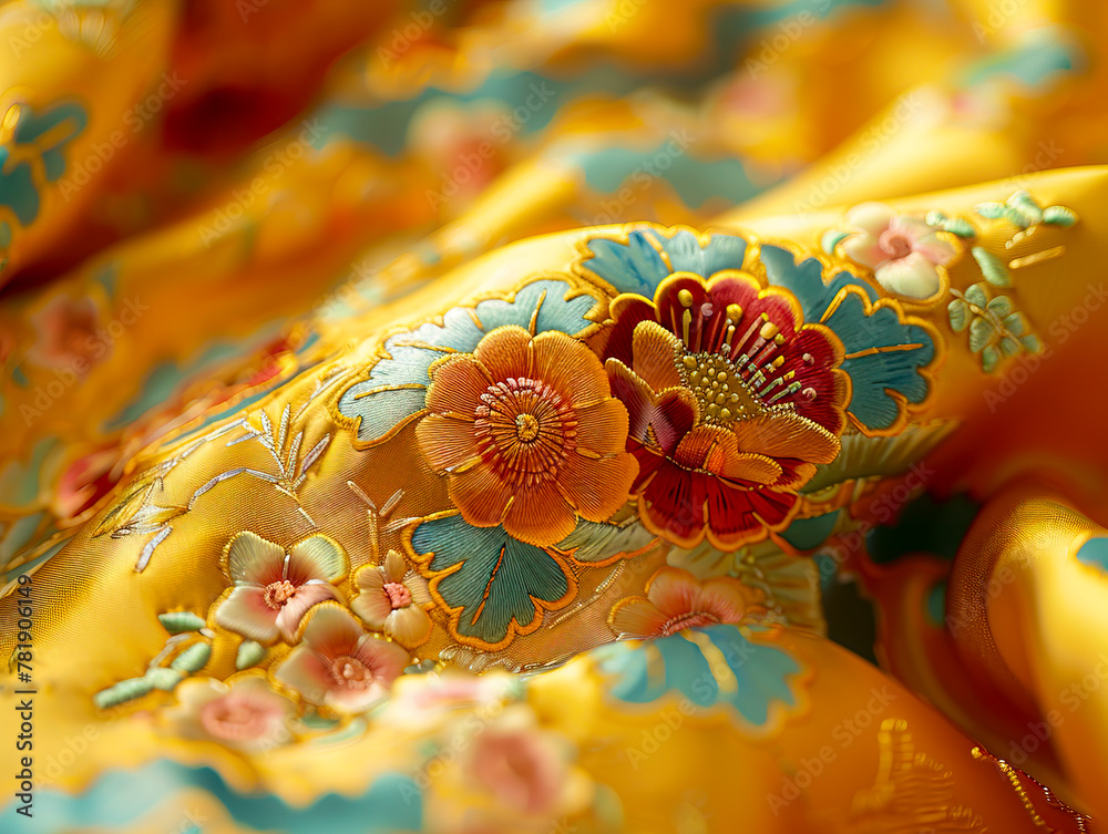 Golden Loong A Fusion of Traditional Chinese Embroidery with Blue, Yellow, and Red Patterns
