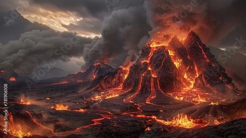 Captivating view of a volcano erupting at night dark tones and bright lava contrasting against the shadowy landscape