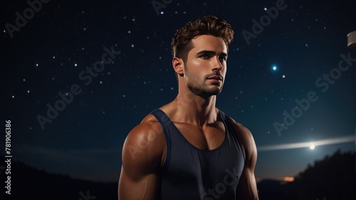 A man of athletic build against the background of the night starry sky © ElviraKorv