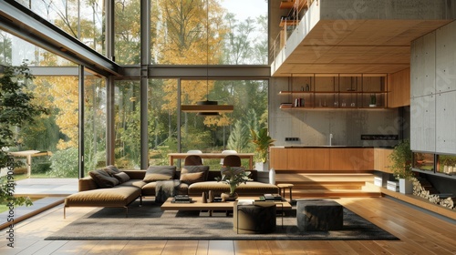 Design a small house with floor-to-ceiling windows to maximize natural light and create a sense of spaciousness  photo