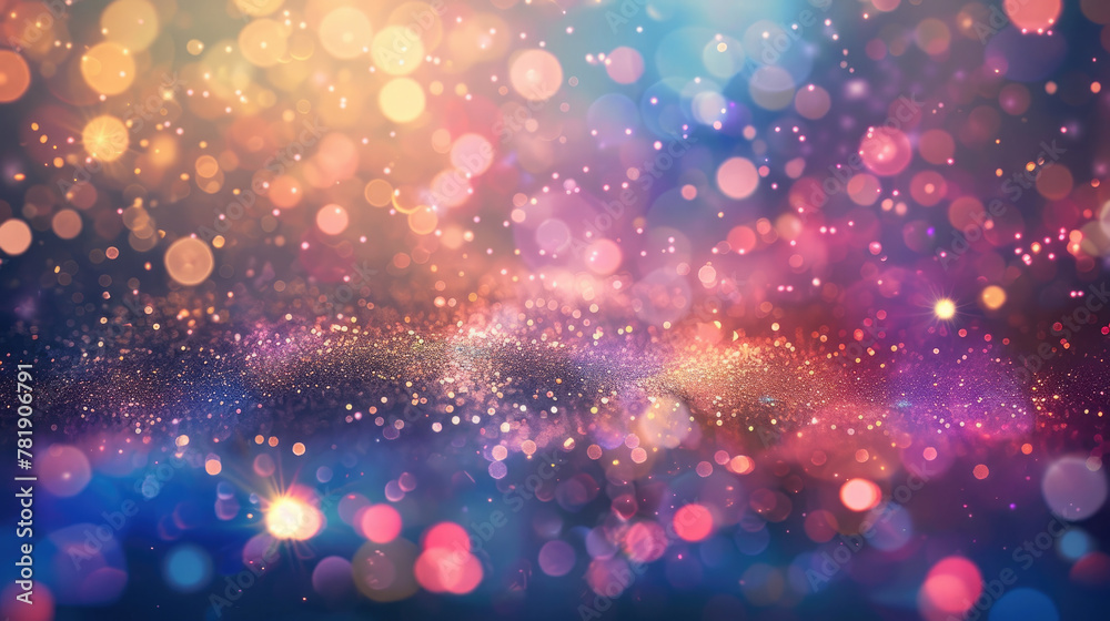 Abstract blur bokeh banner background. Rainbow colors, pastel purple, blue, gold yellow, white silver, pale pink bokeh background