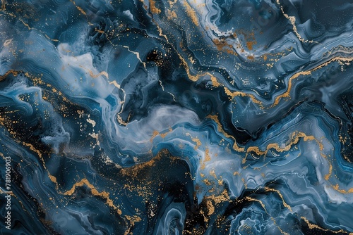 background with blue and gold marble texture, detailed fluid art in navy tones with golden glitter accents, perfect for luxury design projects