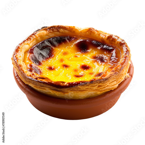 front view of Tigelada with Portuguese egg custard tart, featuring a baked custard dessert with cinnamon, isolated on a white transparent background