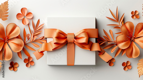 Stylish 3D Gift Card Box adorned with Peach and Orange Ribbon, Floral Design on White Background