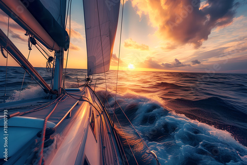 Front view of sailing boat on the ocean at sunset Yacht sailing through blue sea waves  clouds in sky   sunlight   relax time in vacation   ship sails