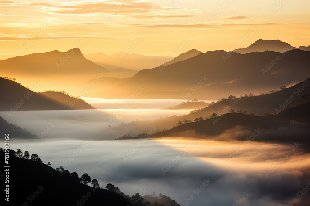 Golden Sunrise and Misty Mountain Landscape