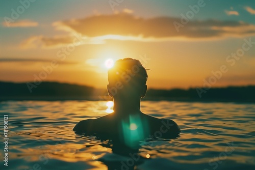 man swimming in the sea  with his back to the camera  the silhouette of his head and shoulders  in golden hour lighting  warm tones  calm water surface