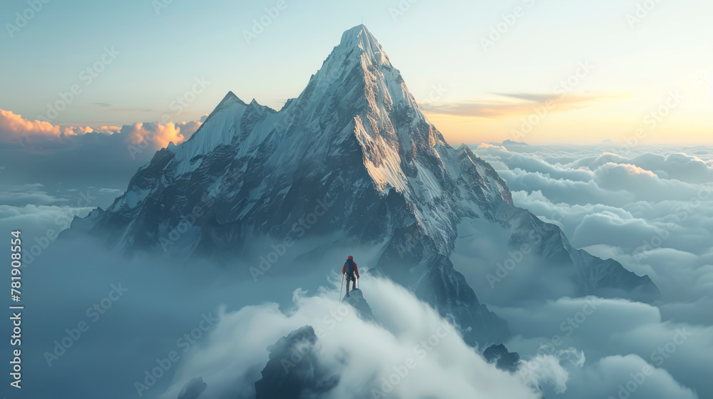 Summit Triumph: Majestic Mountain Peak Soaring Above Clouds, Climber Conquering Summit, Breathtaking Panoramic Views of Surrounding Peaks - Editorial Photography