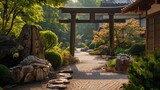 A Japanese villa entrance featuring a torii gate and serene rock garden.
