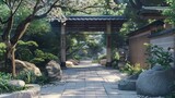 A Japanese villa entrance featuring a torii gate and serene rock garden.
