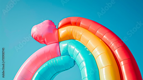 Vibrant Pastel Rainbow Inflatable Minimalist Photo Under Clear Blue Sky photo