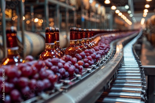 Winery, glass bottles on a conveyor line for bottling and capping red wine, line, conveyor, selective focus