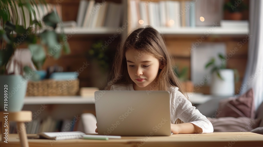 A girl is preparing for school lessons at a laptop. The concept of home education, teenagers and the use of modern technology and the Internet A girl is preparing for school lessons at a laptop. The concept of home education, teenagers and the use of modern technology and the Internet