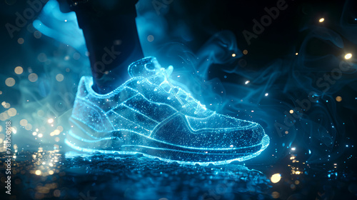 Particle-based Cinematic Sneaker Dissolution: Glowing Translucent Fluorescence in Cyan and Sky Blue. Dynamic Forces and Physics Simulation Refinement in After Effects.