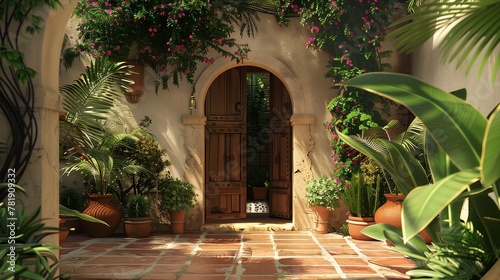 A Mediterranean-style villa entrance with arched doorways, terracotta tiles, and lush greenery.