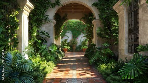 A Mediterranean-style villa entrance with arched doorways  terracotta tiles  and lush greenery.