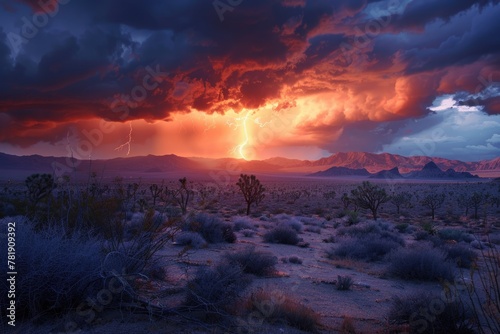 Sunset over Joshua Tree: Stunning Mojave Desert Landscape in Wild West at Evening Time photo