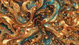 abstrakter Hintergrund einer Marmorierung aus natürlich flüssigen mehrfarbigen Wellen und fantasievollen Mustern in lebendig dynamischen Farbverlauf traumhaft kreativ bunter Textur in blau kupfer