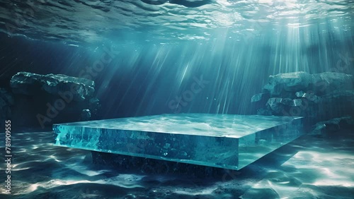 Let your mind drift away to a state of utter calmness with this podium image of an underwater utopia. The transparent blue acrylic . AI generation. photo