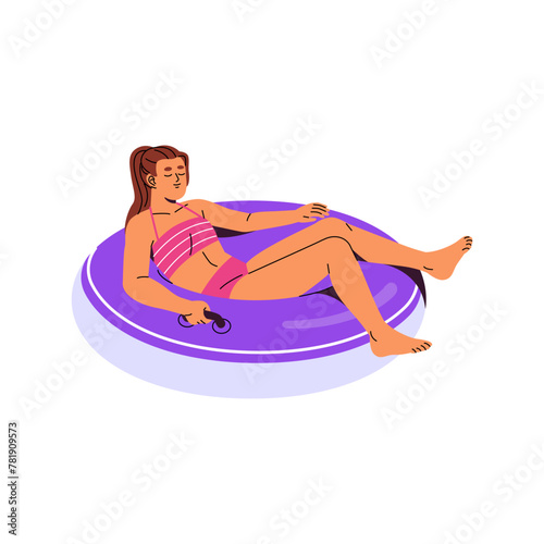 Young woman lying, relax on colourful inner tube at swimming pool, beach. Girl sunbathing on water, floating on inflatable circle in aquapark. Flat isolated vector illustration on white background