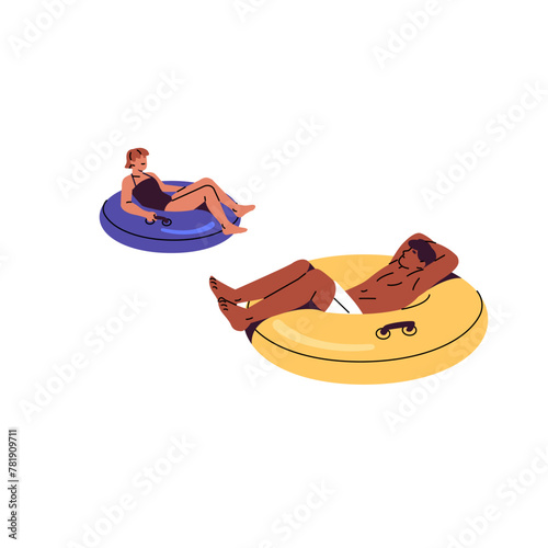 Happy men and women floating on inflatable circles in aquapark. People relax on water. Girl and boy lying on lifebuoys in swimming pool. Beach activity. Flat isolated vector illustration on white