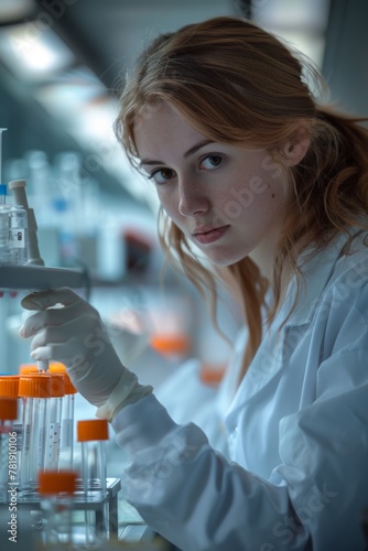Focused scientist analyzing samples in a lab photo