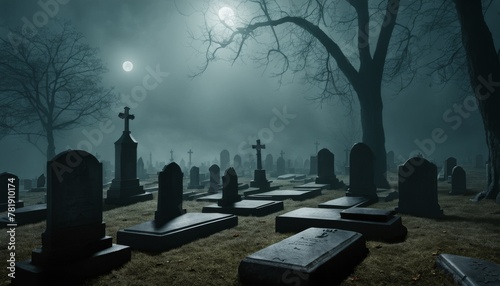 A serene and spooky graveyard cloaked in mist under the eerie glow of the moon, evoking a quiet sense of dread. AI Generation