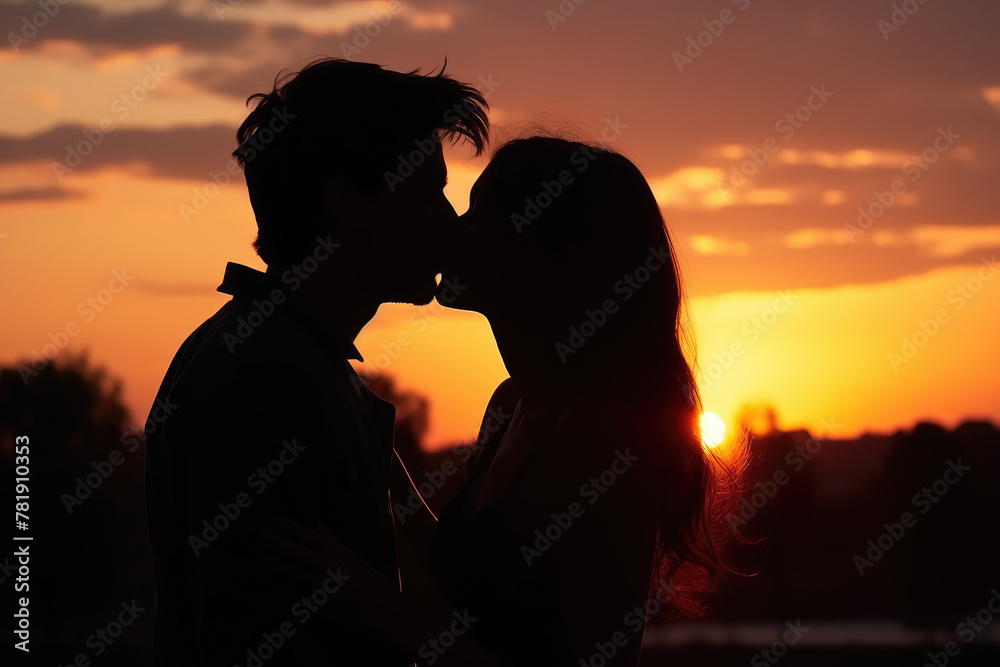 Romantic Couple's Silhouette Kiss at Sunset