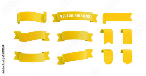 Vector Realistic 3d Ribbons and tags set. Cartoon 3d yellow ribbons collection on white background. Vintage design element, decorative sticker. Cute folded ribbon for sale banner, advert, game, app.