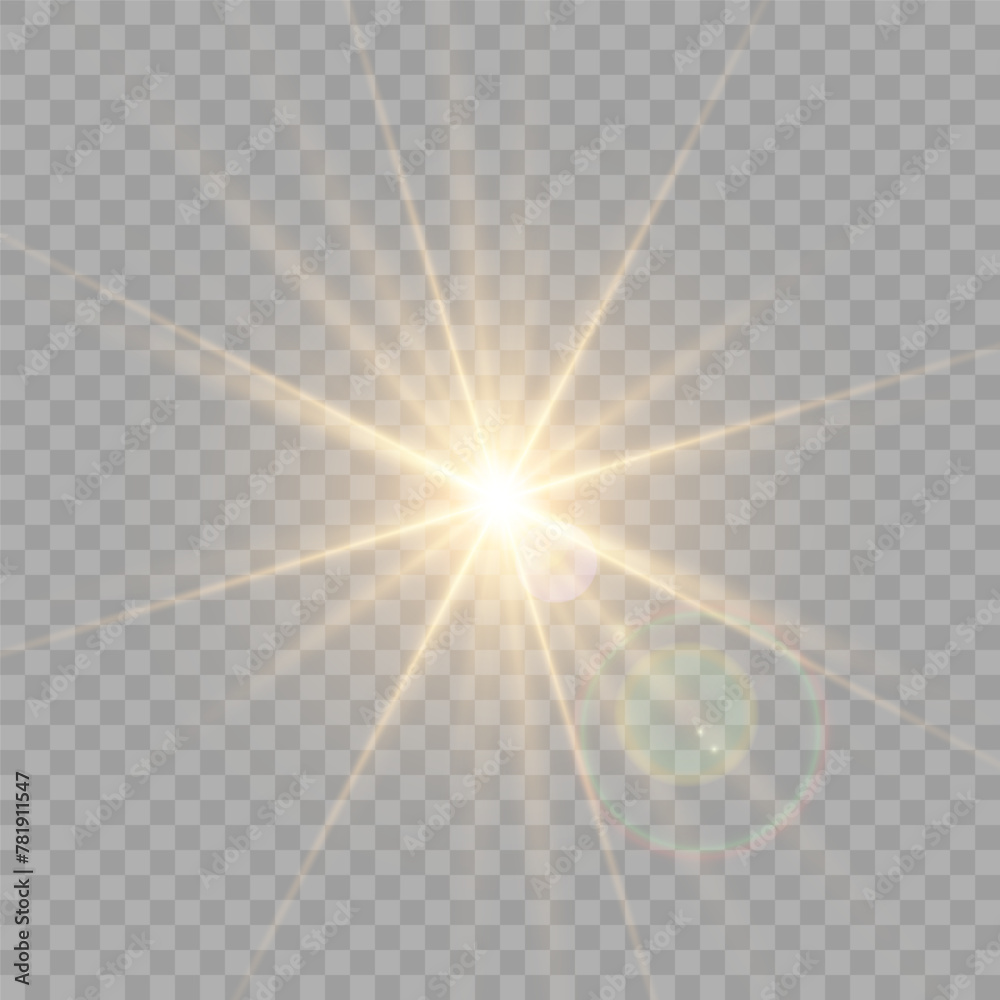 Obraz premium Yellow glowing light explodes on a transparent background. Sparkling magical dust particles. Bright Star. Transparent shining sun, bright flash. Vector sparkles.